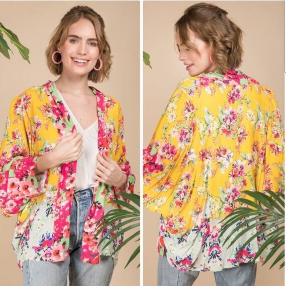 NWT Anthropologie Akemi+Kin Floral Yellow And Pink Open Kimono Cardigan